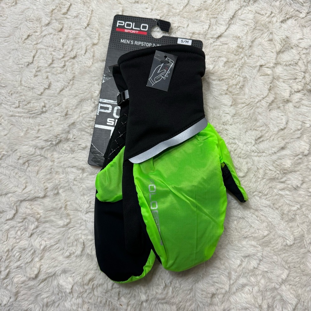 Ralph Lauren Polo Sport Men's Ripstop 2 in 1 Glove Mitt Black Neon Size S/M